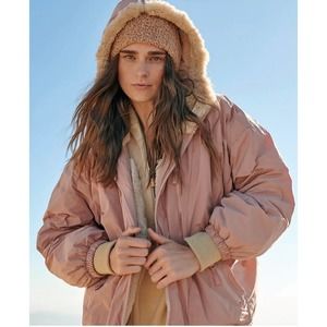 Free People Movement Break The Ice Jacket Hooded Faux Fur Lined Pink Ivory L
